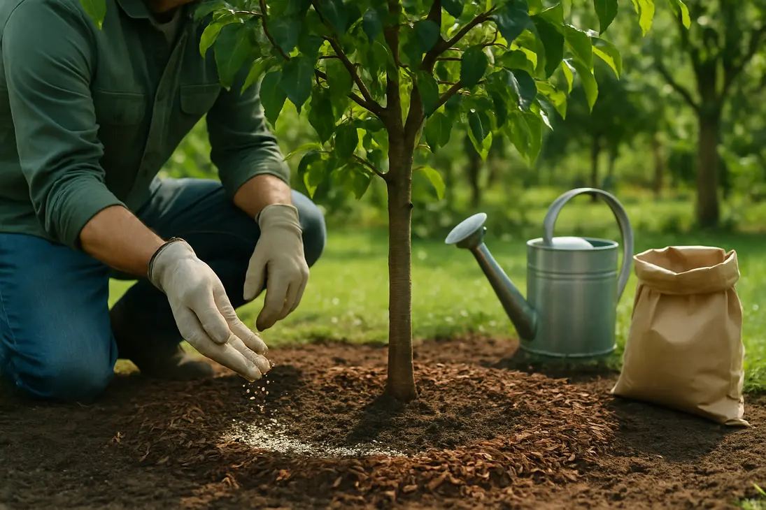 Gardener applying fertilizer around the root zone of a young tree away from the trunk.