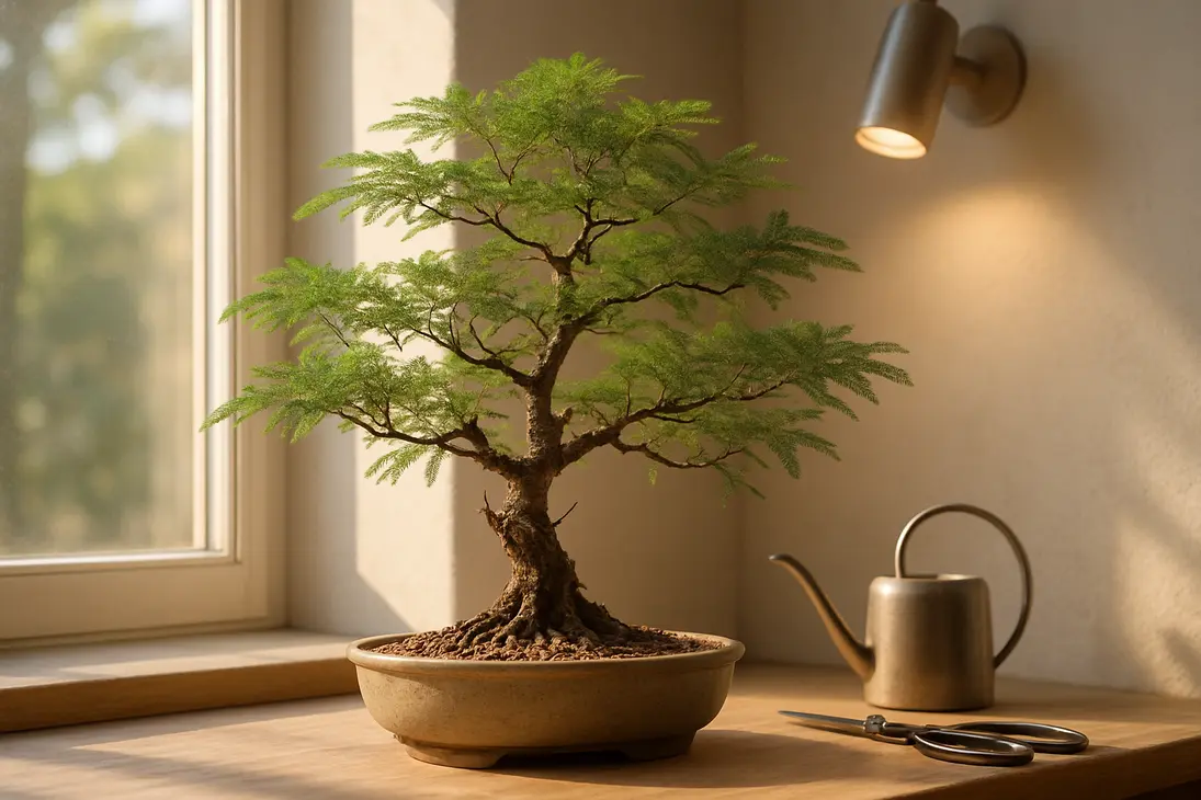 Acacia burkei bonsai in a shallow pot on a bright indoor windowsill with bonsai care tools nearby.
