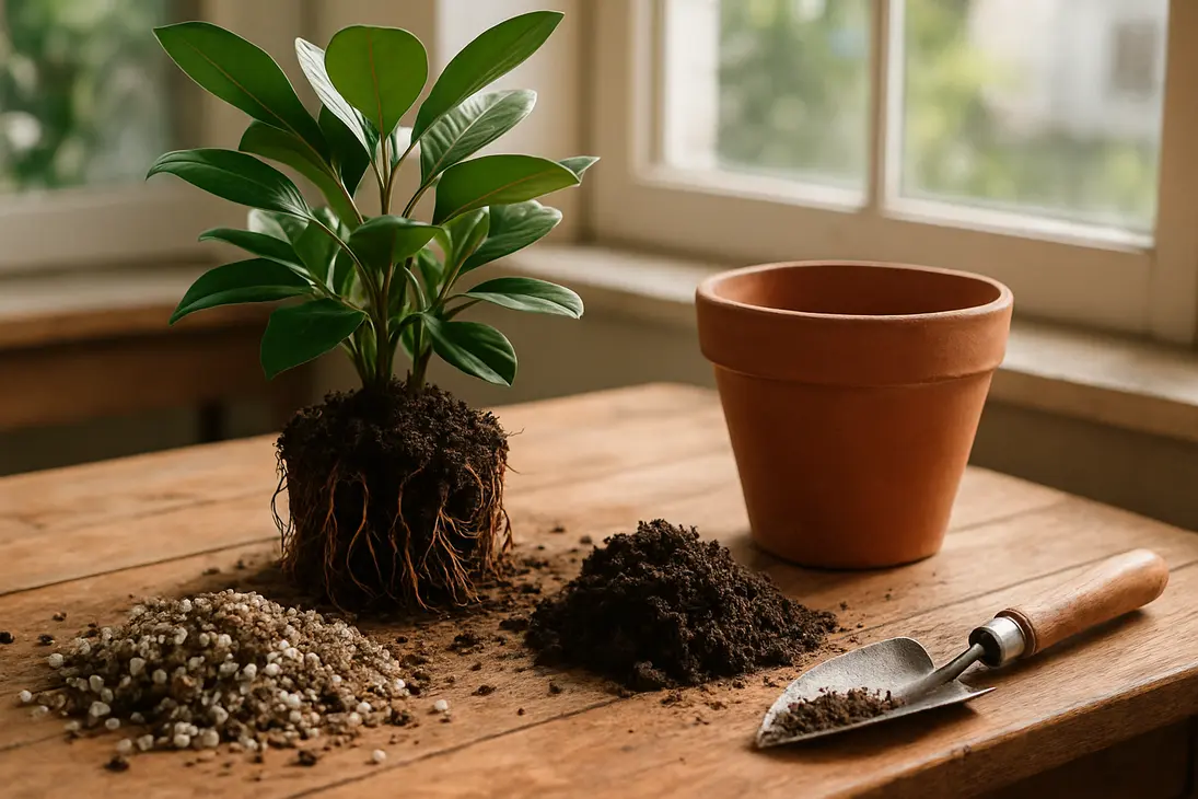 A potted houseplant being repotted into loose, airy potting mix with perlite, pumice, and bark.