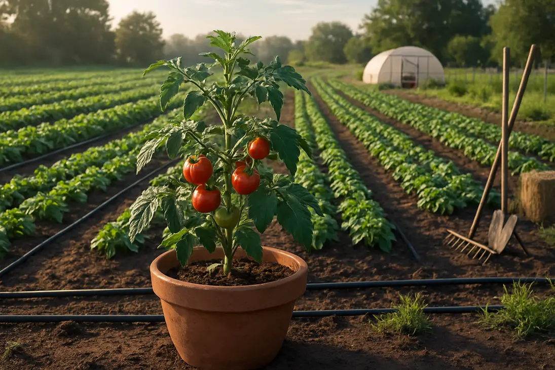 A potted tomato plant in front of organized farm rows, showing the difference between a plant and agriculture.
