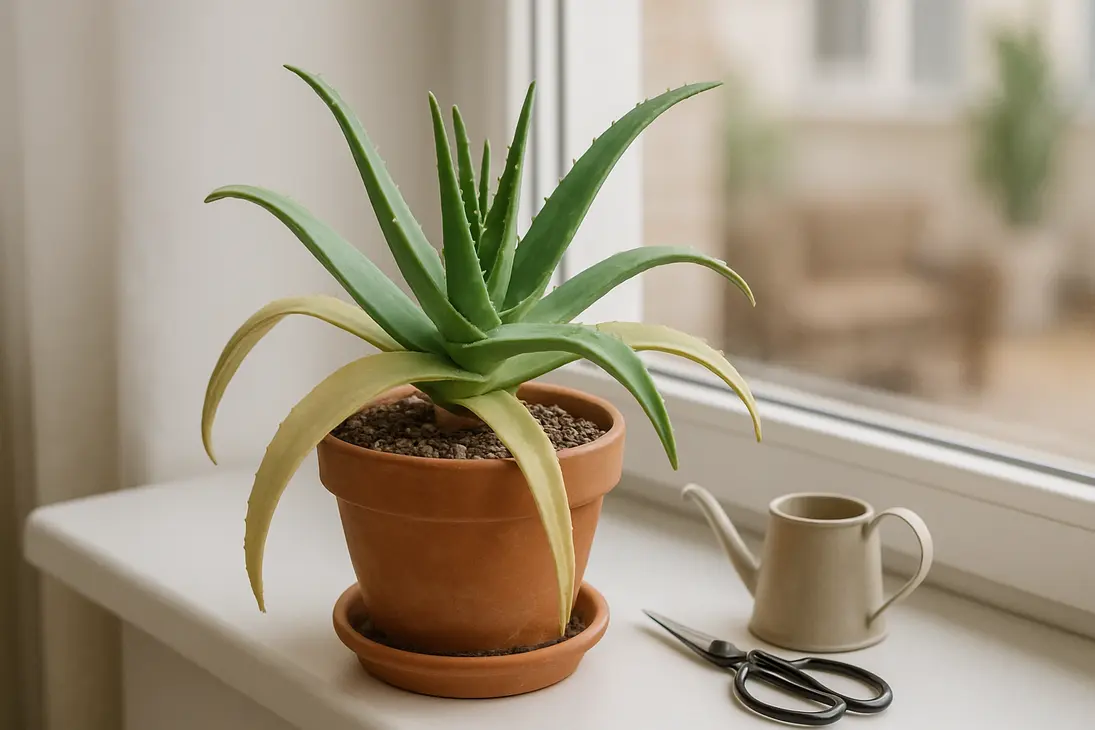 Potted aloe vera with pale floppy leaves on a bright windowsill.