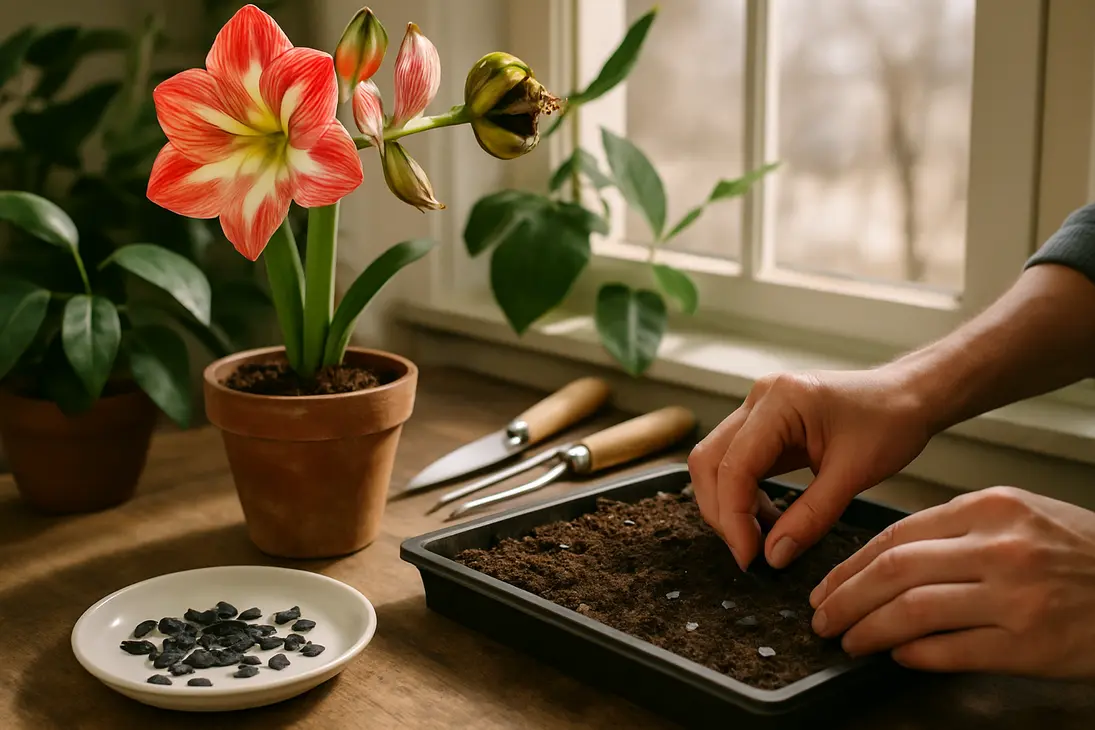 A mature amaryllis seed pod with papery black seeds being sown in a seed-starting tray.