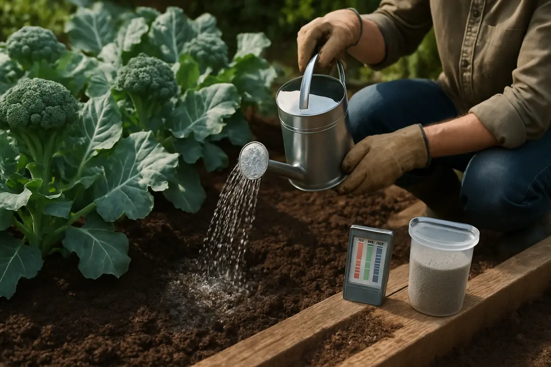 Gardener watering soil around broccoli plants after testing and preparing a careful boron amendment.