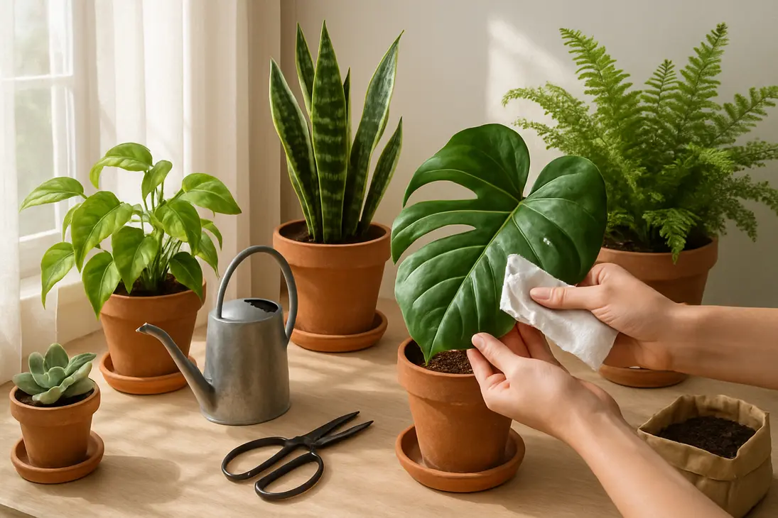 A person caring for healthy houseplants near a sunny window by cleaning leaves and checking pots.