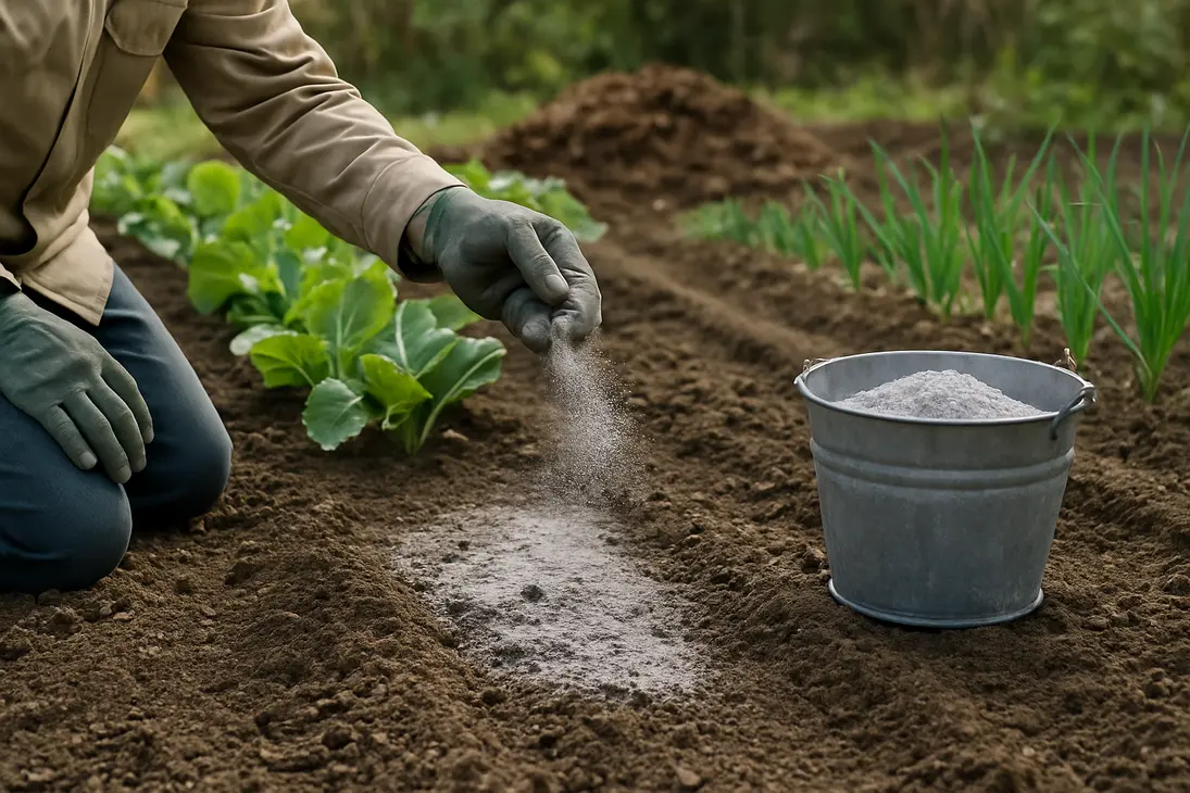Gardener lightly applying clean wood ash to a vegetable garden bed.
