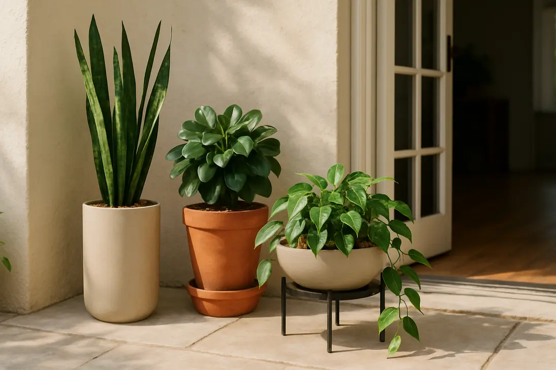 A balanced arrangement of clean potted plants in coordinated containers with varied heights and textures.