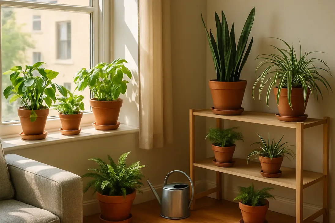 A calm apartment room filled with easy-care potted plants on shelves, the floor, and a sunny windowsill.