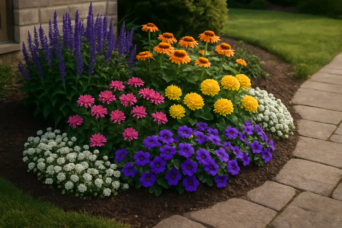 Small layered flower bed with compact salvia, dianthus, marigolds, petunias, and alyssum edging.