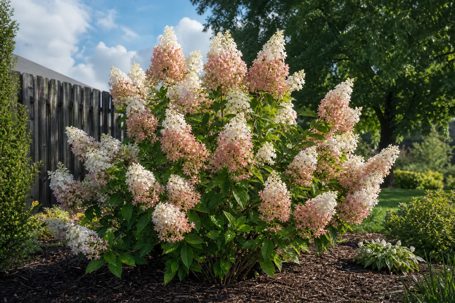 A blooming panicle hydrangea growing in a mulched garden bed with sun and light cloud cover.