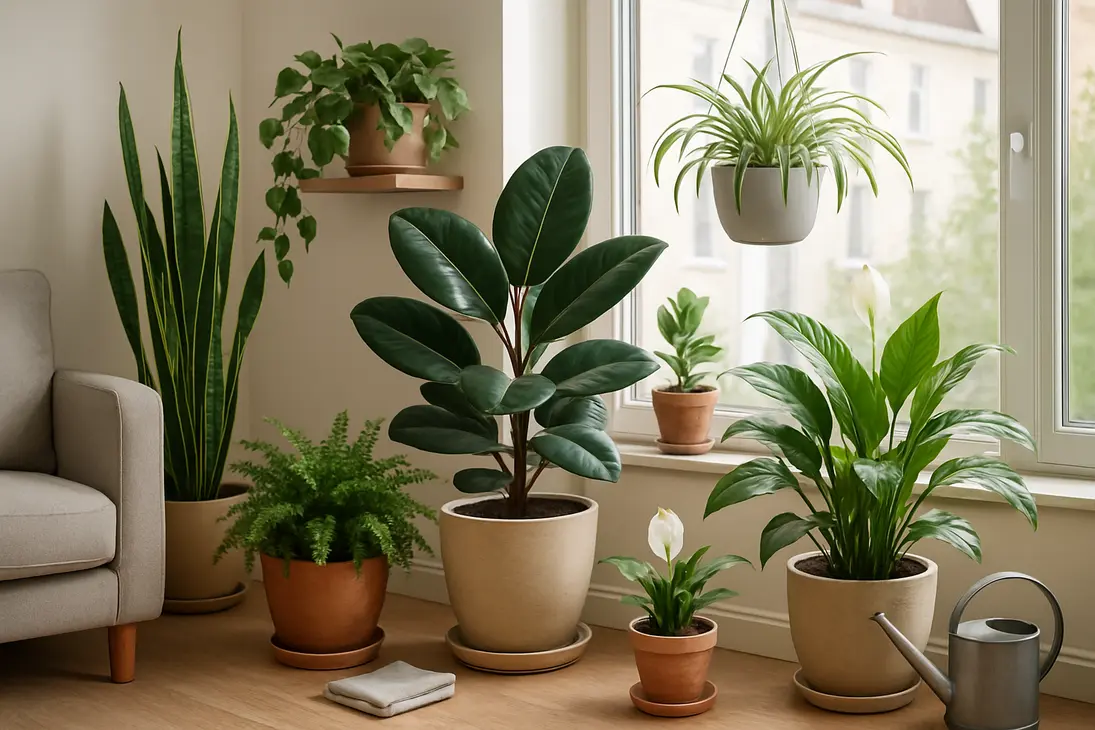 Assorted indoor air-purifying houseplants in a bright living room.