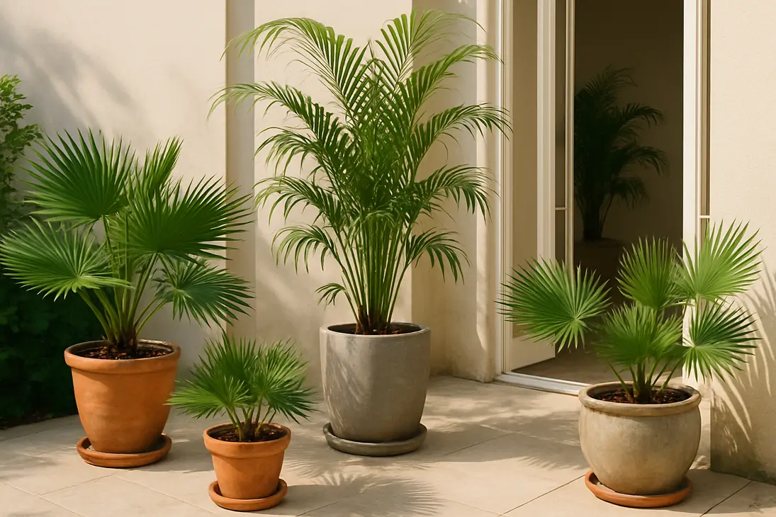 Container palm trees arranged on a sunny patio and near a bright doorway.