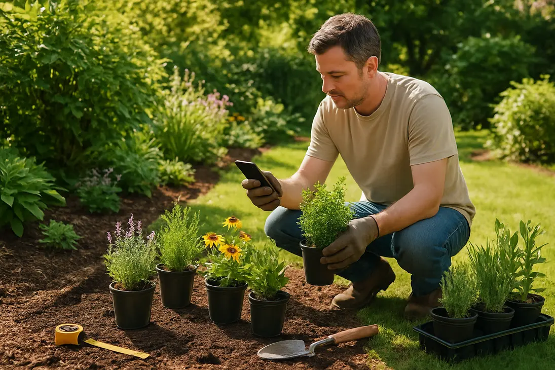 Gardener using a phone to compare nursery plants beside a garden bed before planting.