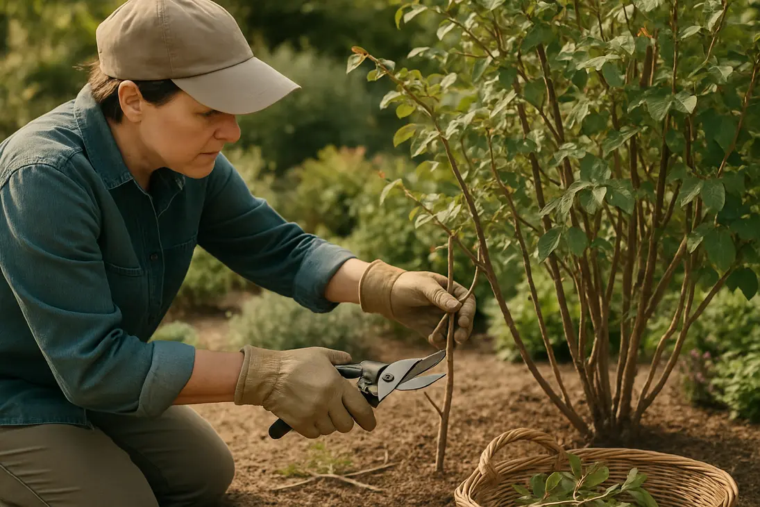 Gardener pruning a dry shrub in mild morning light with clean hand pruners.