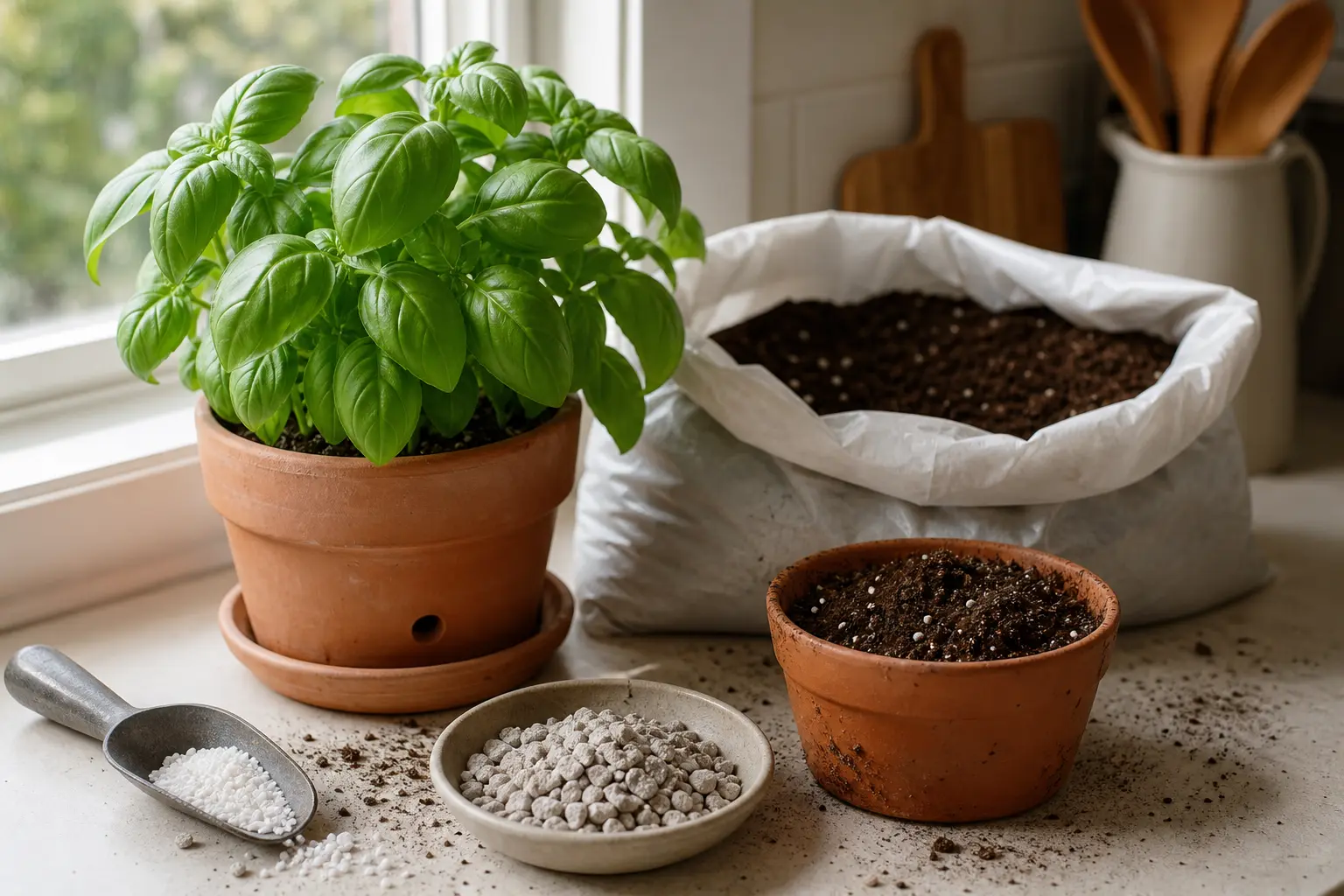 Healthy basil in a draining indoor pot beside potting mix, perlite, and pumice on a sunny windowsill.