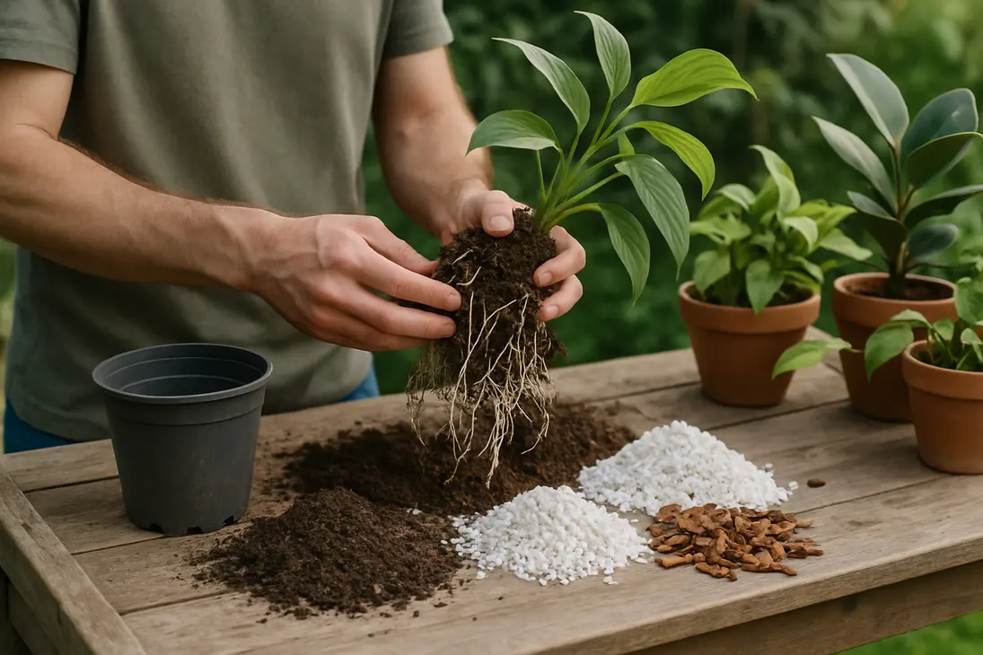 Gardener repotting a plant into an airy, well-draining soil mix with perlite, pumice, and bark.