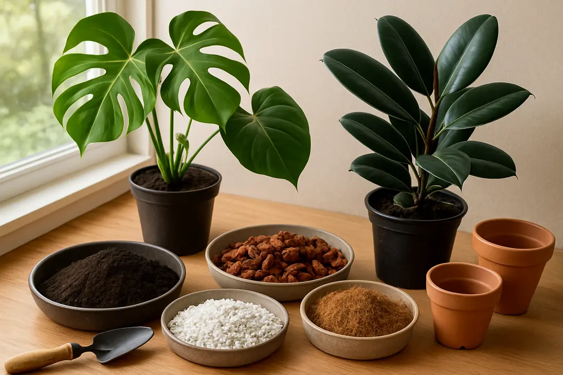 Monstera and Ficus elastica beside ingredients for a well-draining indoor potting mix.
