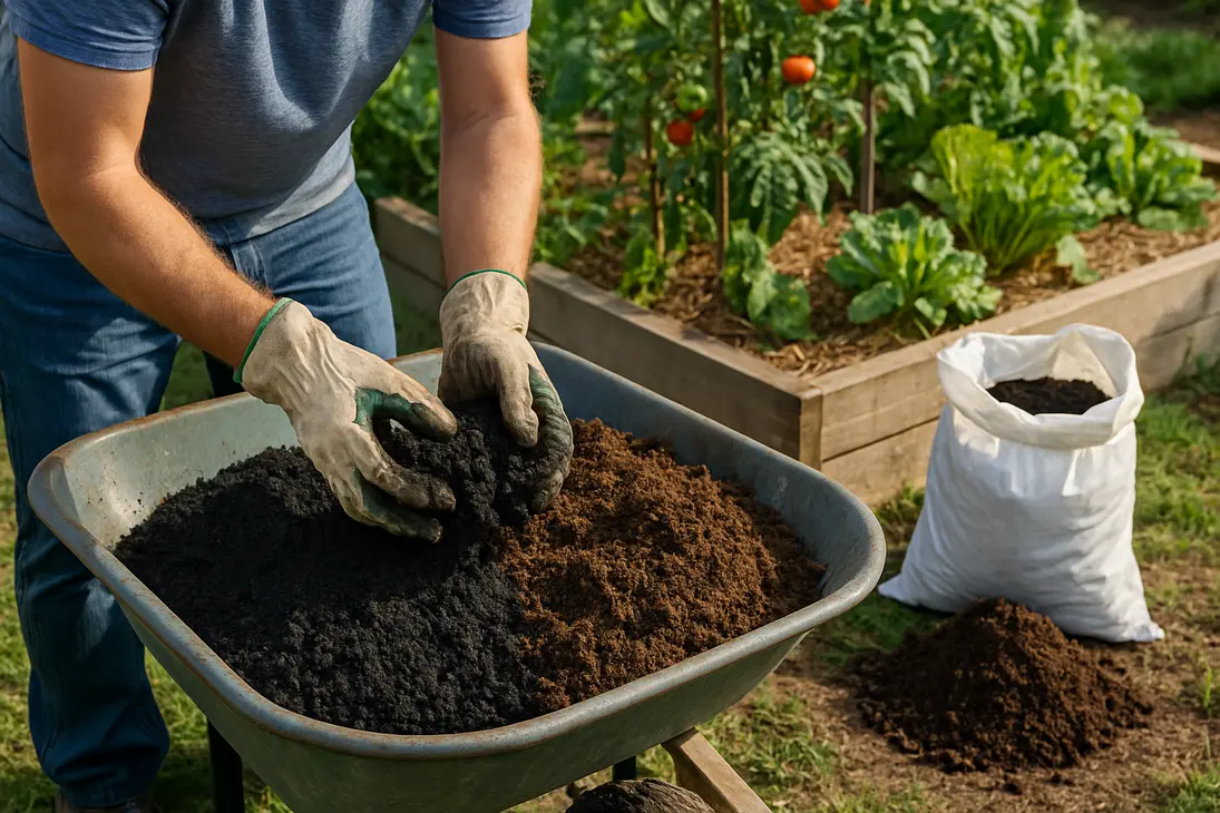 Gardener mixing biochar with compost beside a raised vegetable bed.