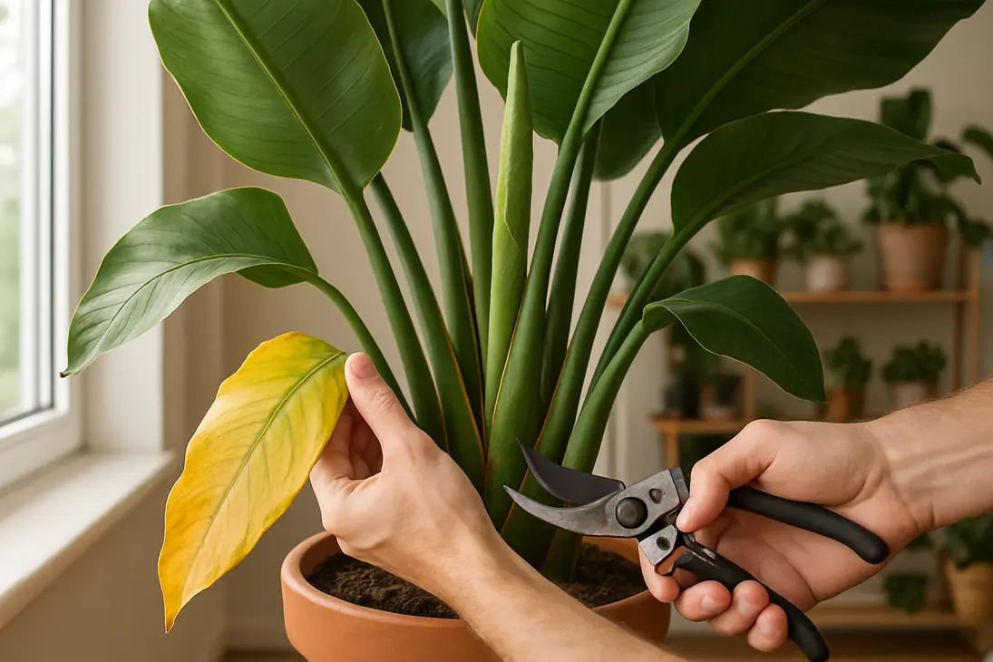A gardener carefully pruning an old bird of paradise leaf beside an emerging new leaf spear.