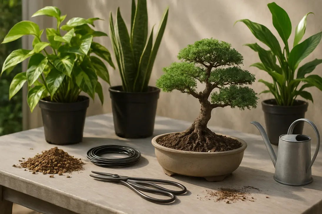 A bonsai tree on a patio workbench beside common houseplants with pruning tools and watering supplies.