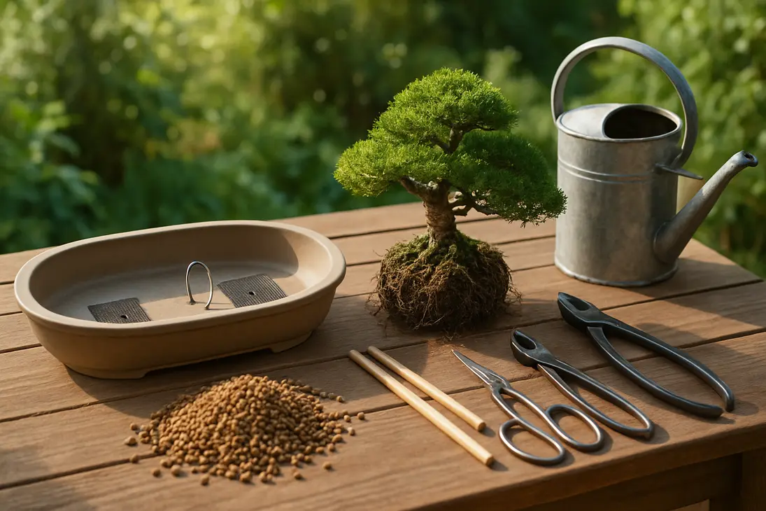 A bonsai being moved into a prepared shallow container with mesh, anchor wire, and granular soil on a potting bench.