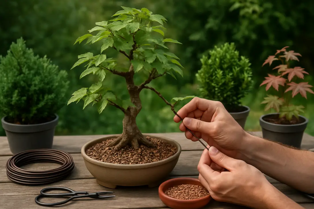 A gardener shaping a small woody shrub with bonsai tools on an outdoor potting bench.