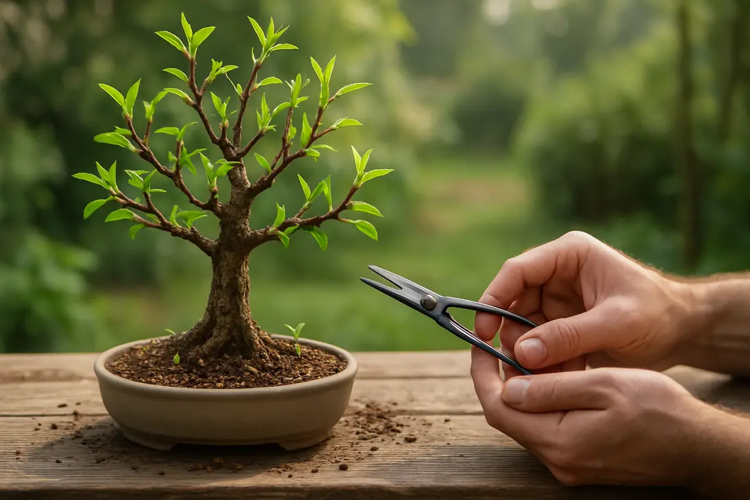 Bonsai tree with new shoots and small sprouts in the pot being inspected before pruning.