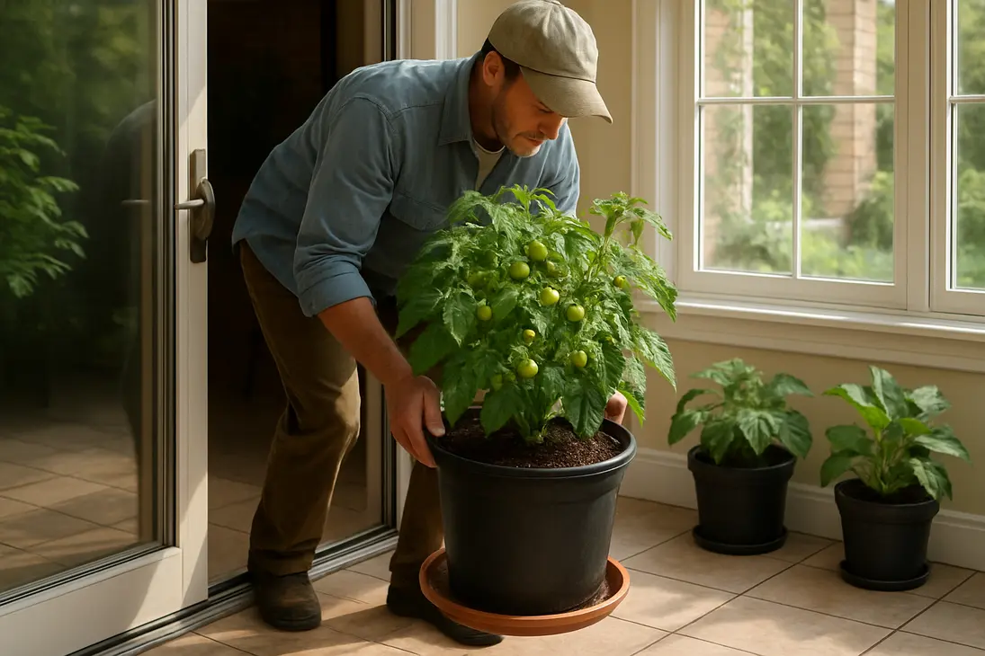 Gardener bringing a fruiting potted tomato plant indoors near a sunny window.