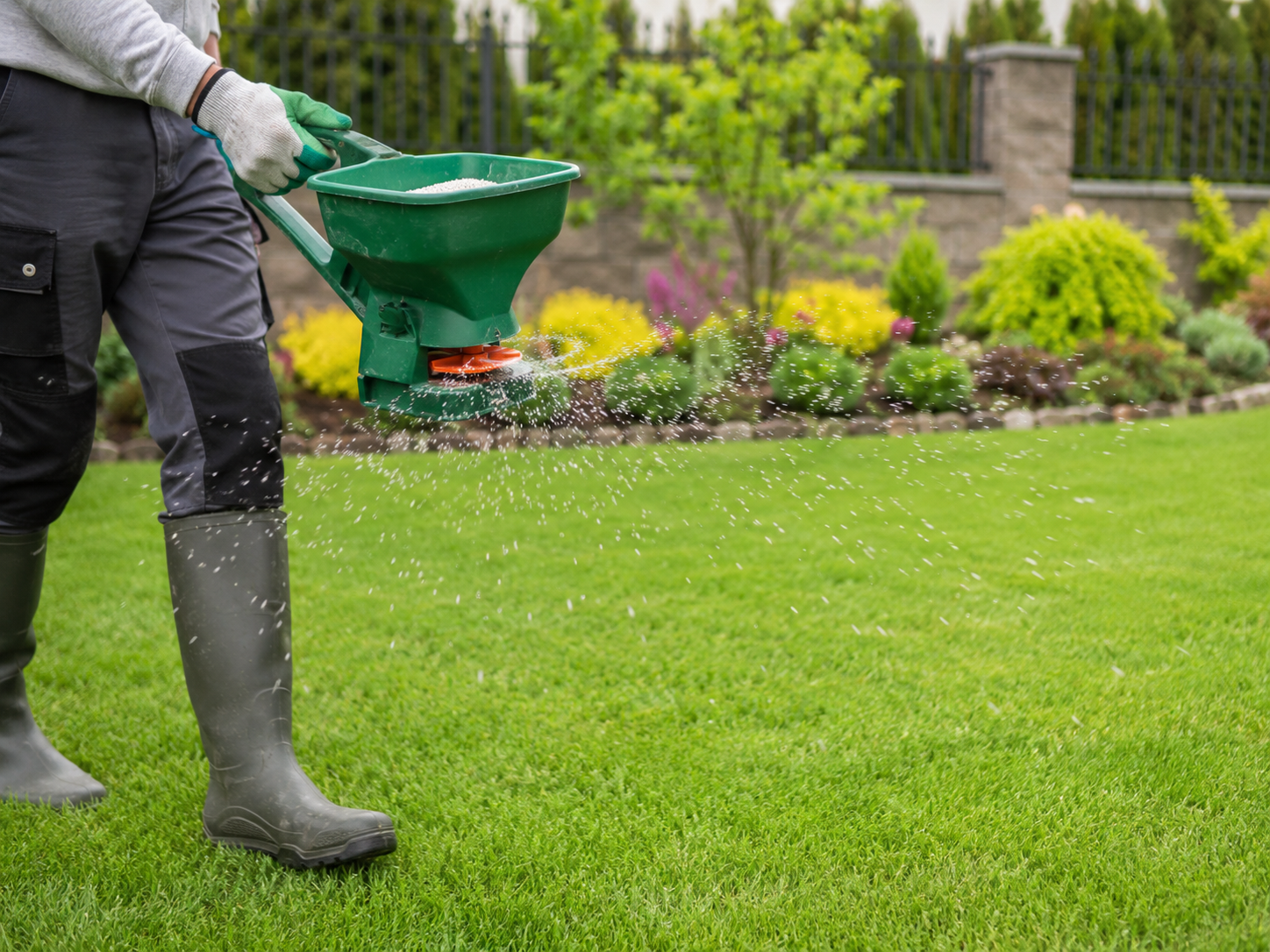 Brown and yellow patches on a lawn caused by fertilizer burn, showing stressed grass struggling to recover