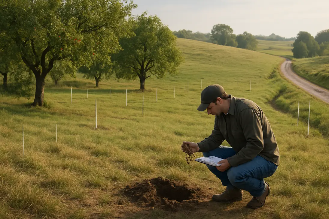 Person evaluating soil and terrain on rural land being considered for a future orchard.