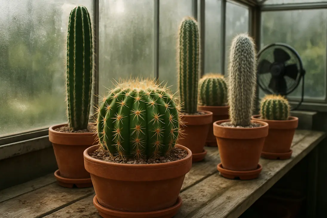 Potted cacti in a humid greenhouse with condensation, gritty soil, and airflow to reduce rot risk.
