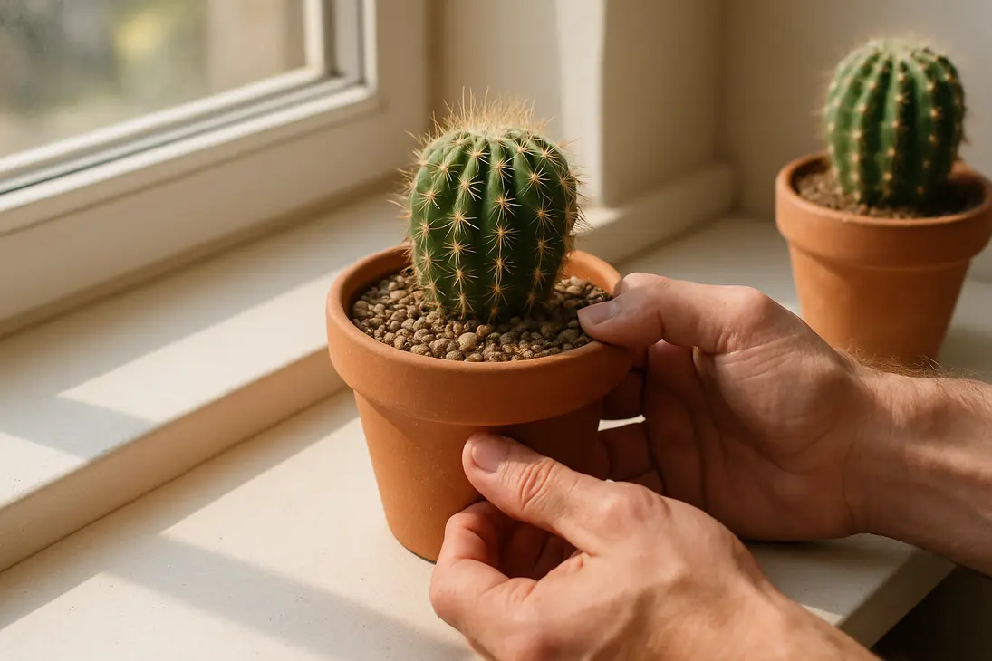 A potted cactus on a sunny windowsill being checked for soil dryness and healthy growth after purchase.