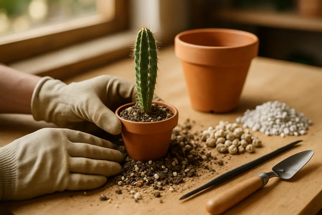 A potted cactus cutting in gritty soil being gently checked for signs of root growth.