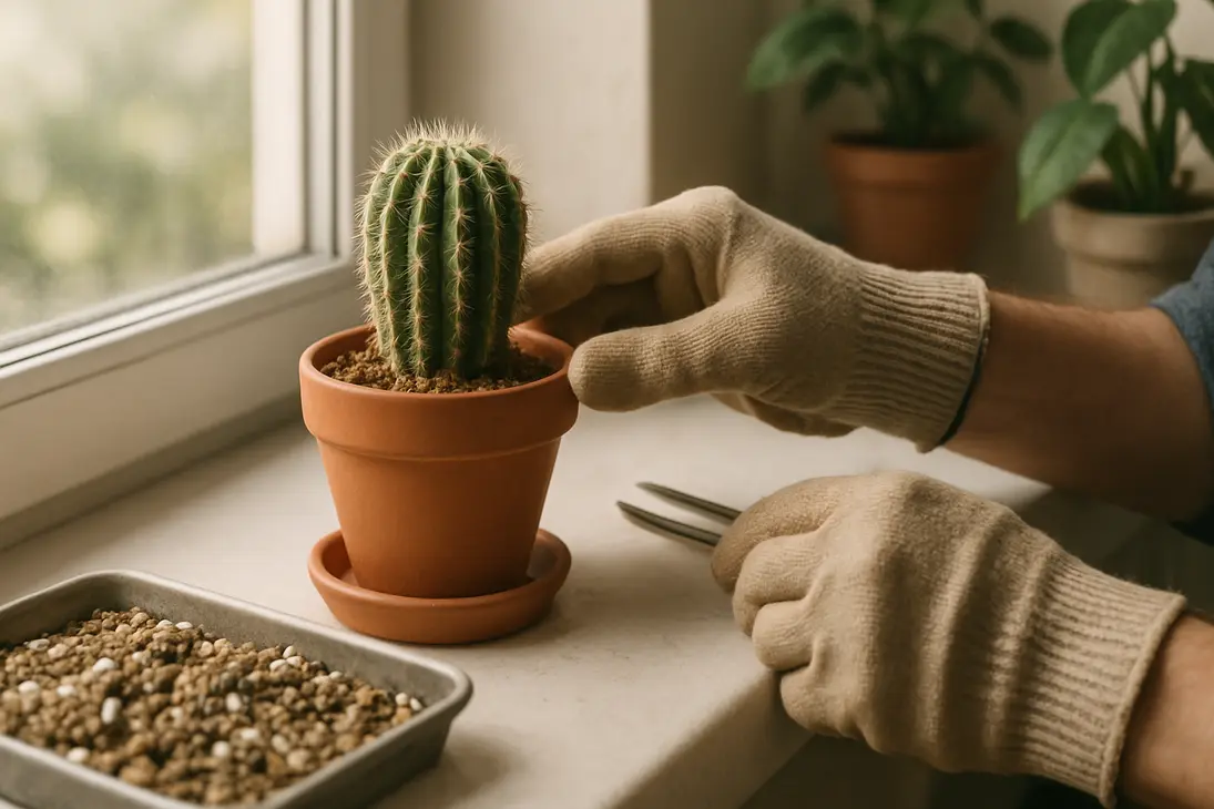 A new potted cactus on a bright windowsill with gritty soil and gardening gloves nearby.