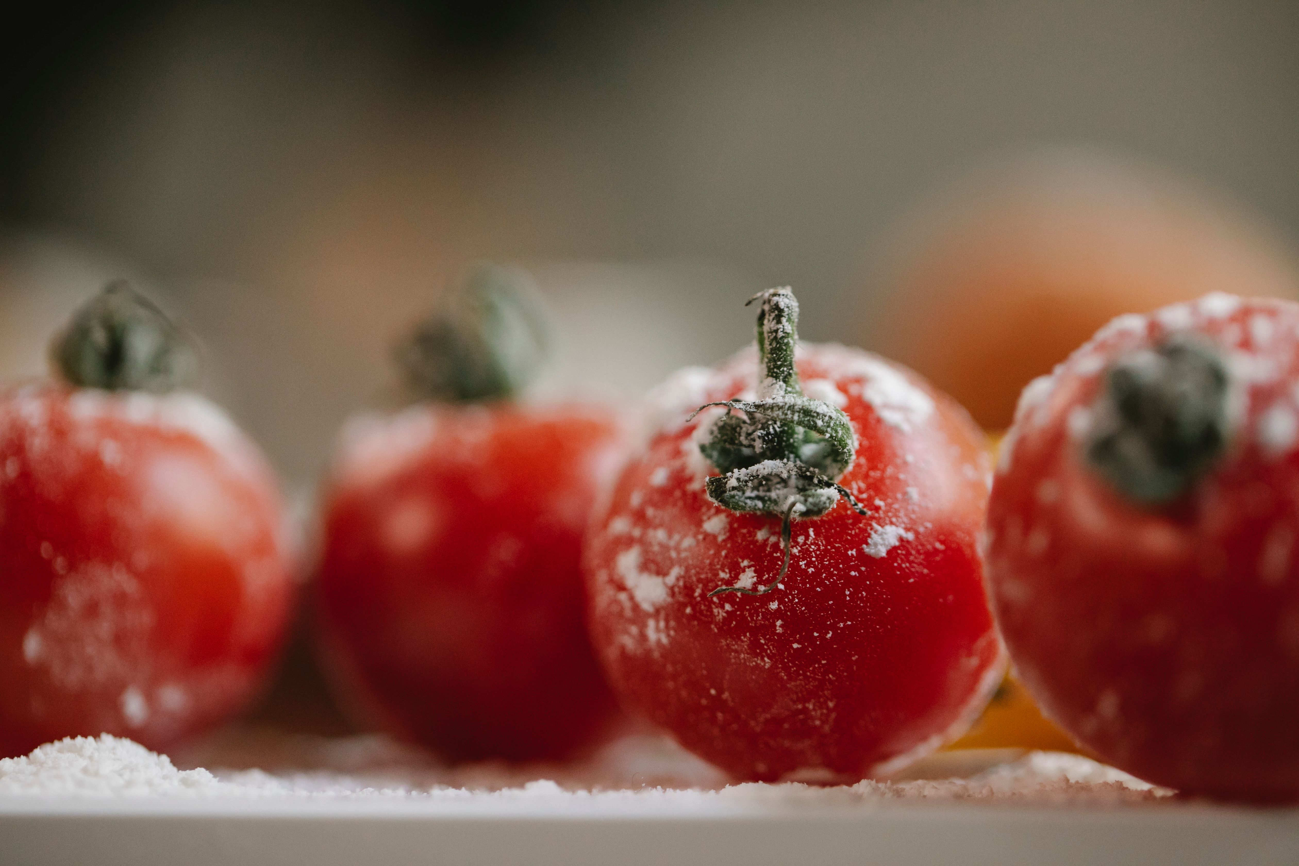 Deep red Campari tomatoes attached to the vine in a grocery store clamshell package