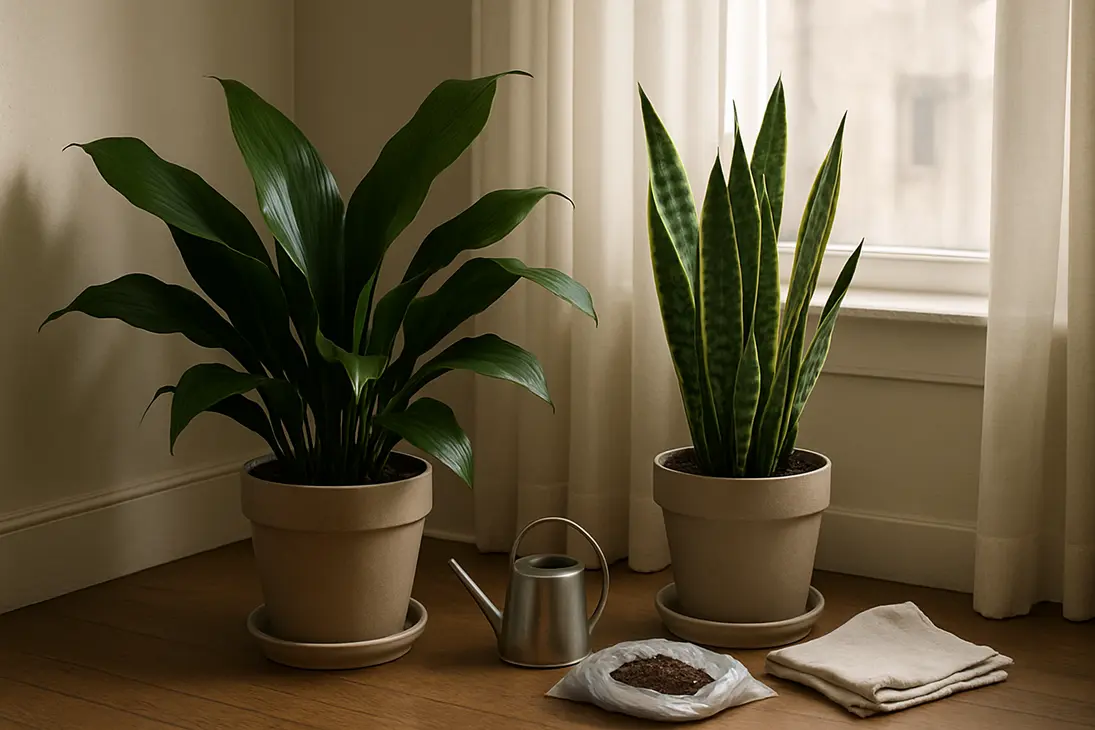 Cast iron plant and snake plant in pots near a softly lit window for low-light indoor care.
