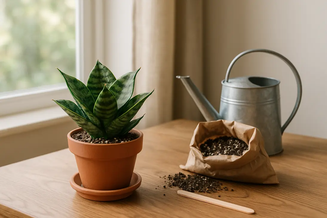 Dwarf snake plant in a small terracotta pot near a bright window with gritty soil and watering tools.