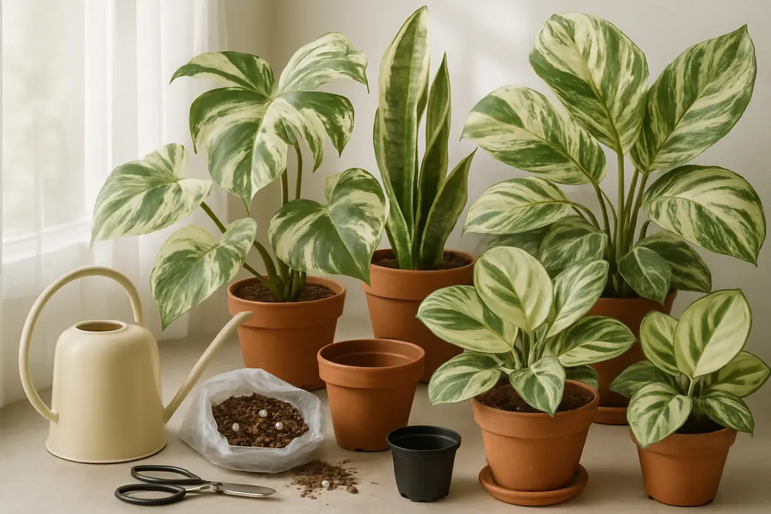 Variegated houseplants near a bright window with watering and pruning tools nearby.