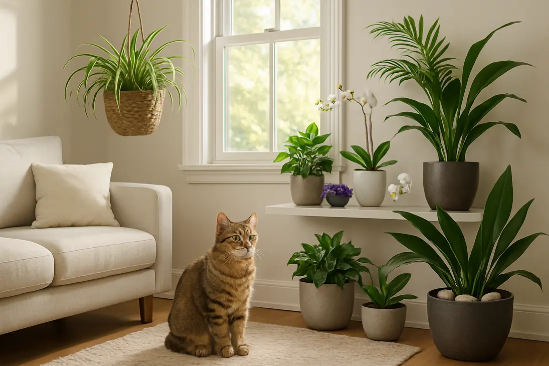 A cat sitting near cat-safe houseplants in a bright living room.
