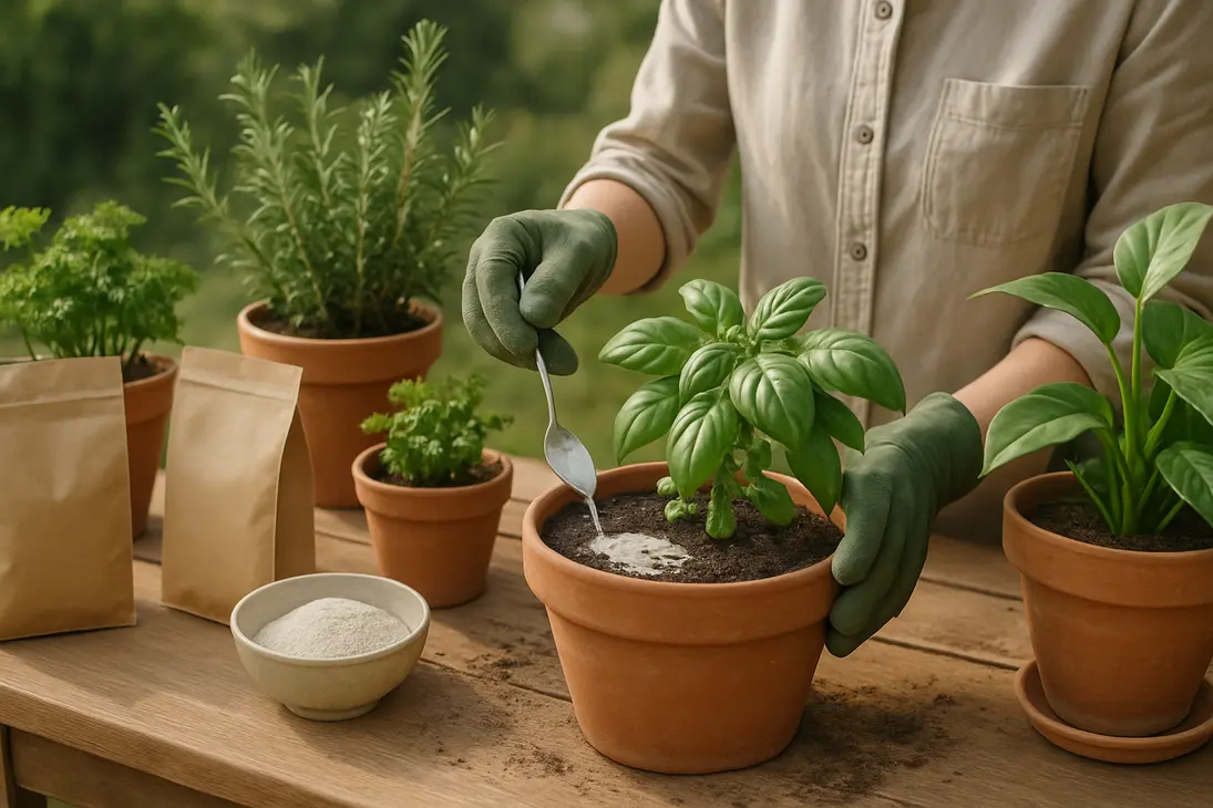 Gardener applying a thin layer of diatomaceous earth to the dry soil surface of a potted plant.