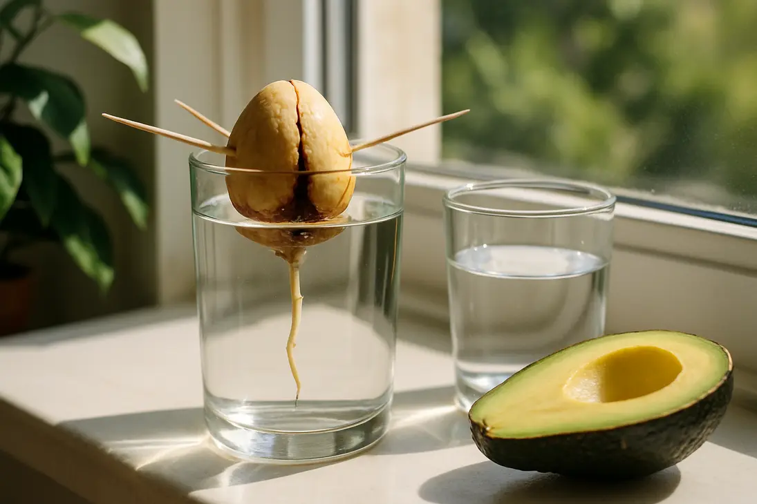 Avocado pit suspended over a glass of clean water with the bottom partly submerged for sprouting.