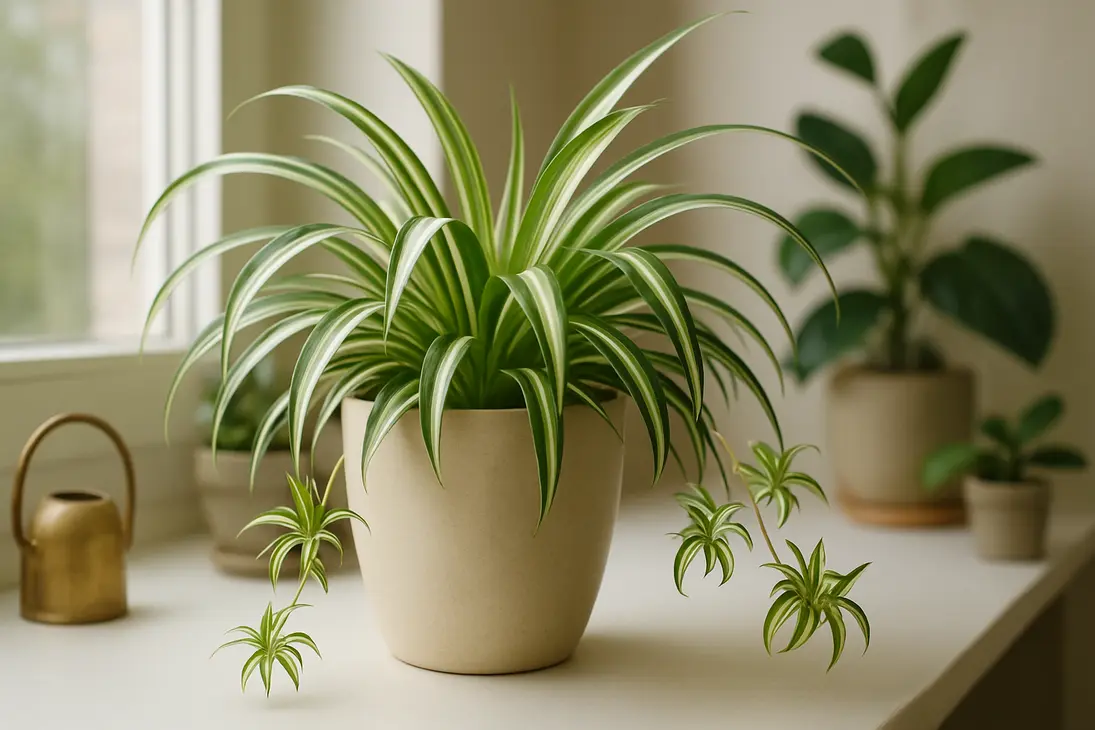 Variegated spider plant with arching leaves and baby plantlets growing in a pot near a bright window.