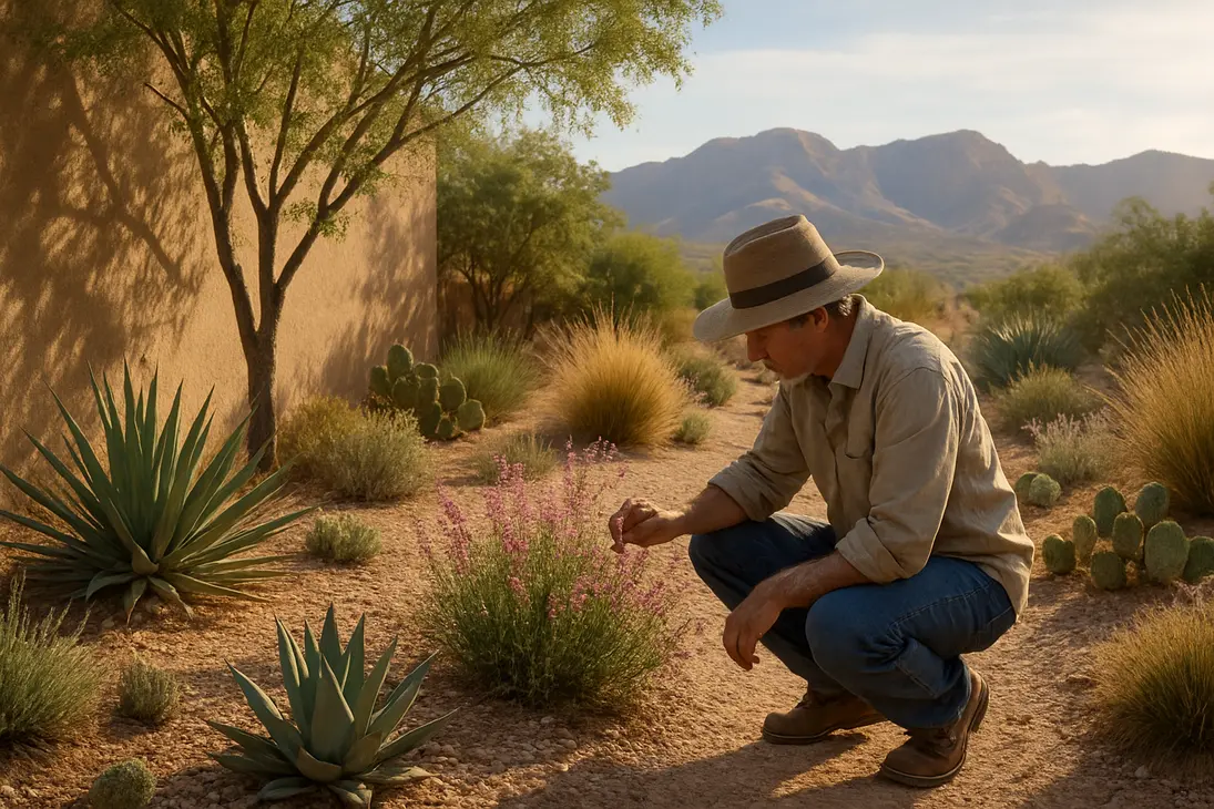 Gardener choosing drought-adapted plants in a Southwest arid garden with agave, yucca, cactus, grasses, and gravel mulch.