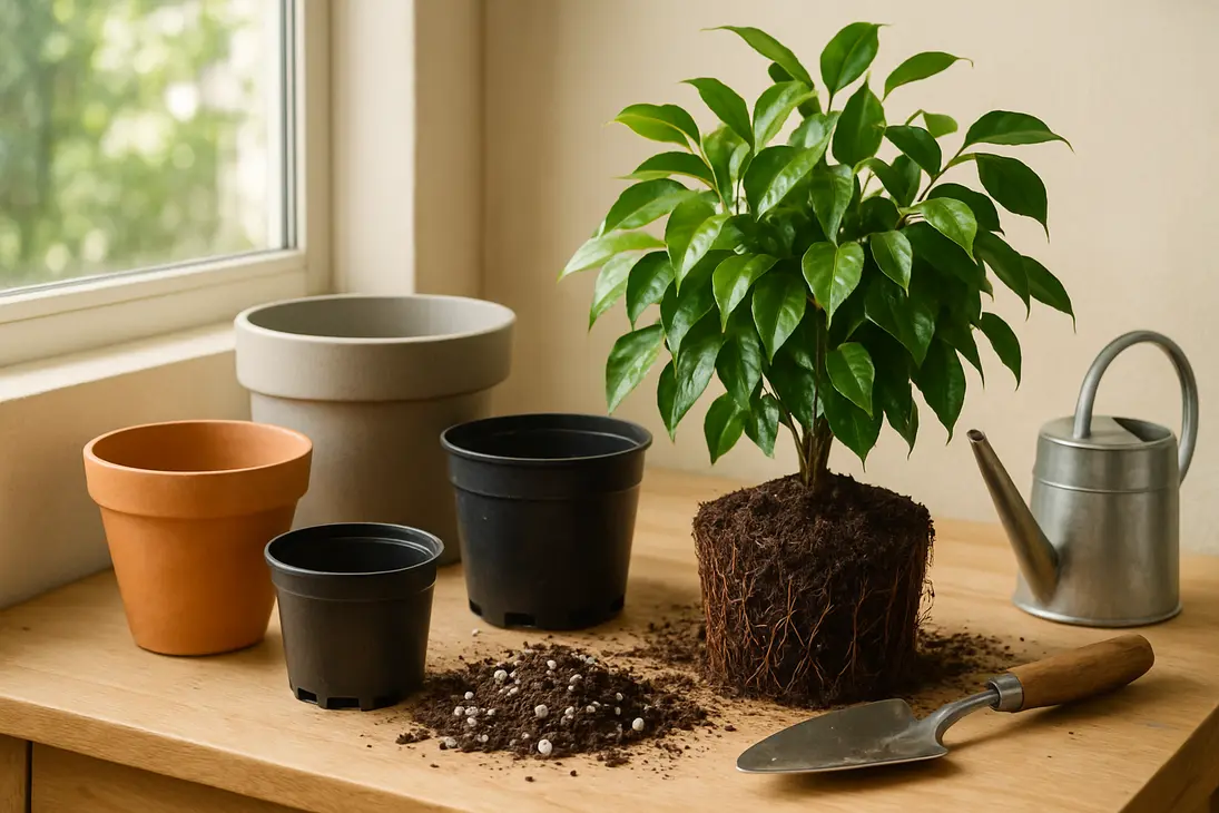 Houseplant on a potting bench with its root ball exposed beside slightly larger pots and fresh potting mix.