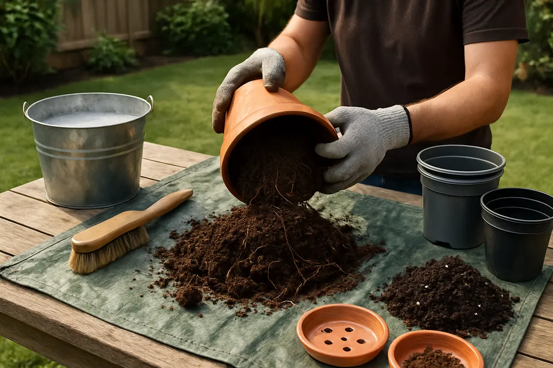 Gardener cleaning old soil and roots from a terracotta pot before reusing it.