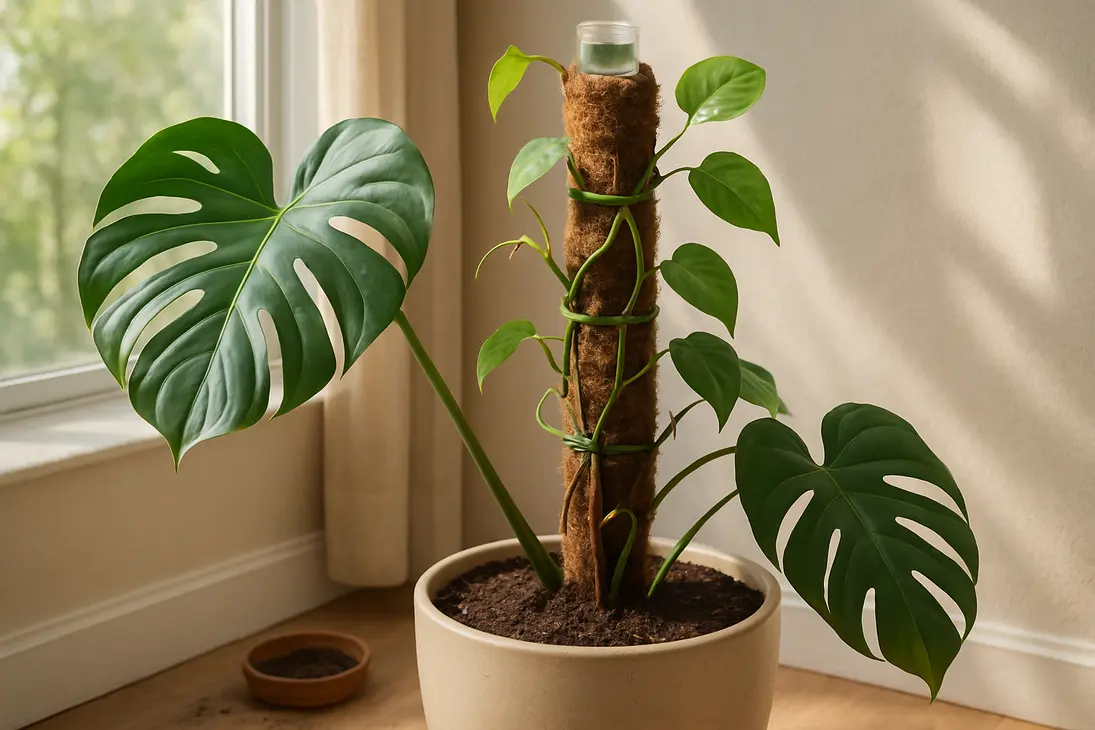 Climbing houseplants trained onto a moist self-watering moss pole with aerial roots touching the moss.