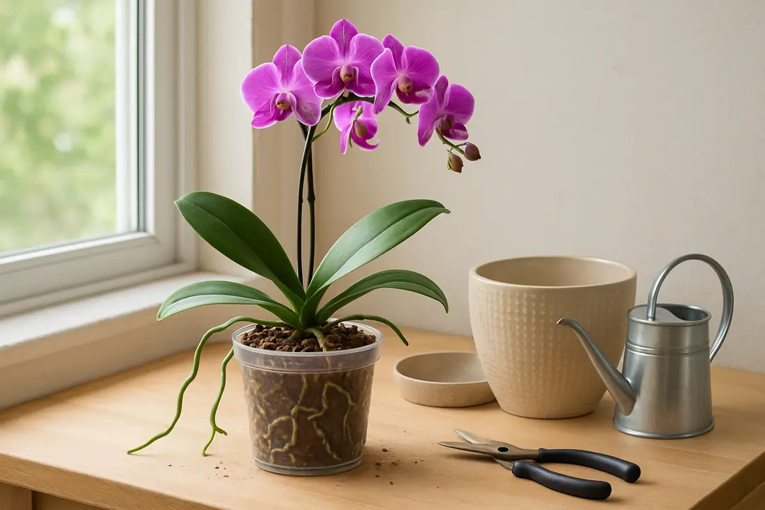 Phalaenopsis orchid in a clear pot with bark mix and visible healthy roots on a bright indoor potting bench.