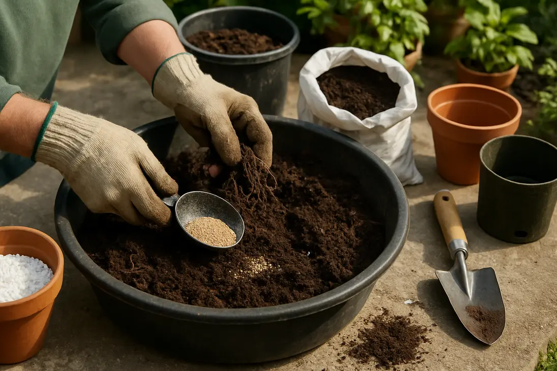 Gardener mixing compost activator into old potting soil with fresh potting mix and compost nearby.