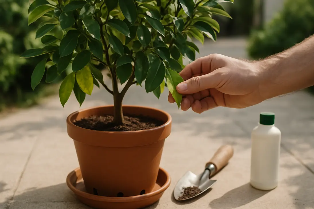 Potted kaffir lime tree with yellowing leaves being checked for soil moisture and drainage.