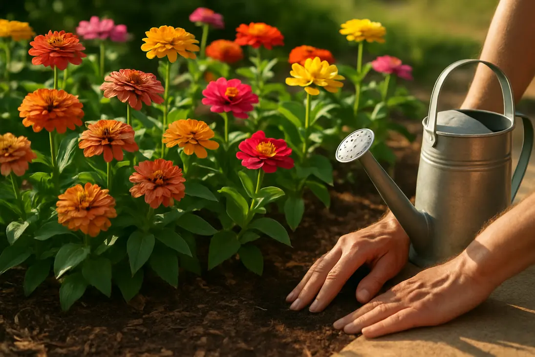 Zinnias in a sunny garden bed with some curled petals and a gardener checking soil moisture.