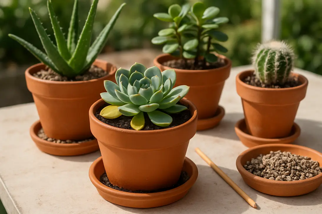 Potted desert succulents with damp soil and yellowing leaves showing signs of overwatering.